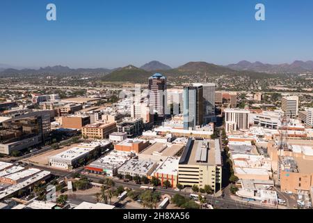 Tucson Arizona skyline with Sentinel Peak, or A Mountain, drone view. Stock Photo