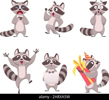 Raccoon characters. Cartoon funny wild animal in forest happy mammal exact vector zoo illustrations Stock Vector