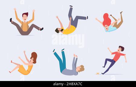 Falling people. Healthcare problems persons falling from stairs wet floor injured persons bad trip exact vector colored characters isolated Stock Vector