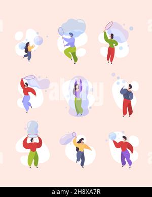 Bubbles active games. Funny water toys soap bubbles people playing attraction garish vector illustrations in flat style Stock Vector