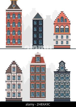 Old buildings. Antique european constructions vintage urban facades in flat style garish vector exterior designs Stock Vector