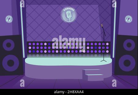 Karaoke bar interior. Empty stage, lights and microphone. Nightclub or dance, comedy stand up club vector illustration Stock Vector