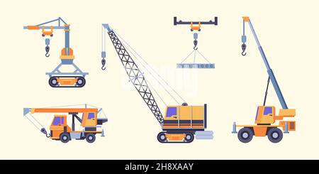 Cranes collection. Industrial loading machines for builders crane ropes with hook hoist vehicles garish vector transporters pictures Stock Vector