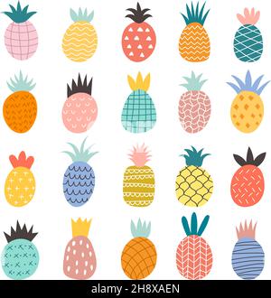 Hand drawn pineapples. Exotic fruits cute illustrations recent vector doodle collection of pineapple Stock Vector