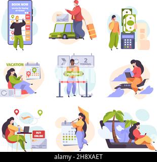 Online booking service. Smart travellers buy fly ticket internet purchase travel hotel services car sharing garish vector flat pictures set Stock Vector