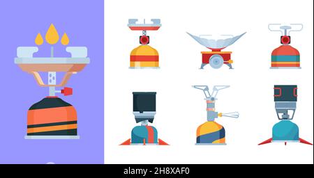 Camp gas stove. Expedition kitchen equipment for outdoor cooking fire stove for wilderness garish vector collection set Stock Vector