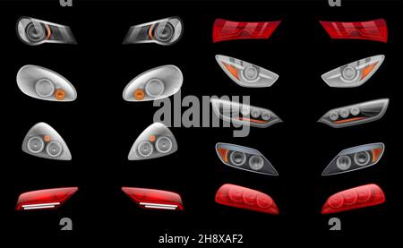 Cars headlights. Reflection glow effects for modern vehicles night lights on road decent vector realistic templates isolated Stock Vector