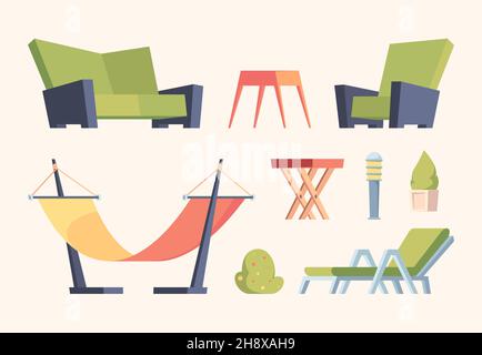 Garden decoration. Modern furniture for relax time in garden outside terrace items chairs swing bushes couch garish vector flat pictures collection Stock Vector