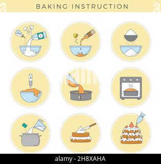 Cooking cake. Preparing food stages steps of cooking baked ingredients delicious cuisine tasty products recent vector flat icon collection Stock Vector