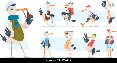 Seagull. Bird sailor or captain in ocean seaside exact vector funny mascot in cartoon style Stock Vector