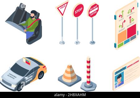 Drive school. People learning rules for drivers examination processes cars student cones garish vector isometric illustrations isolated Stock Vector