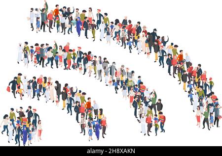 Wifi crowd symbol. Concept illustrations group of people standing in wifi shapes internet connection signs garish vector pictures Stock Vector