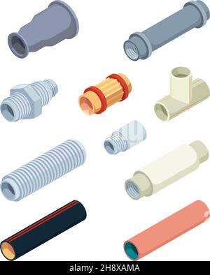 Pipes isometric. Industrial pictures of pvc plastic pipes repairing details for bathroom garish vector valves industrial connectors Stock Vector