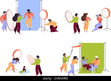 Studio photographers. Digital camera shooting professional modeling posing in studio media creators garish vector concept scenes Stock Vector