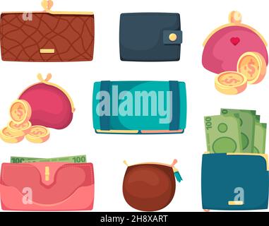 Leather wallets. Business treasures dollars golden coins in sack and wallets for men and women garish vector illustrations collection Stock Vector