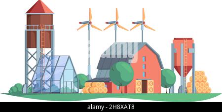 Agricultural background. Farm rural buildings windmill and vehicles garish vector cartoon illustration Stock Vector