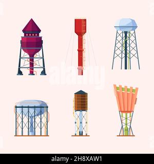 Water towers. Reserve of water for town big steel or wooden tank high industry storage garish vector illustrations in flat style Stock Vector