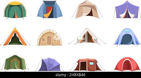 Tent. Shelter for travellers from cold or hot weather camping symbols environment tent of hunters garish vector cartoon set Stock Vector