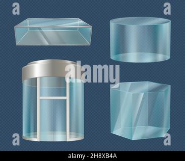 Glass elevator. Modern transparent 3d boxes stylish forms cube cylinders mall showcase for advertising decent vector realistic illustrations Stock Vector