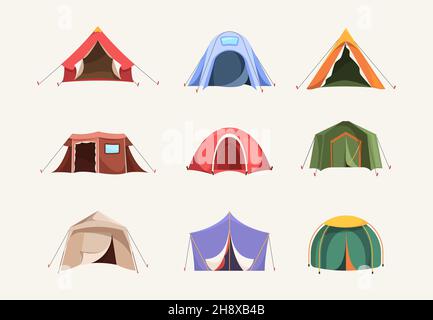 Tent colored. Outdoor house for travellers camping pyramid shelter adventures symbols backpack garish vector flat illustrations Stock Vector