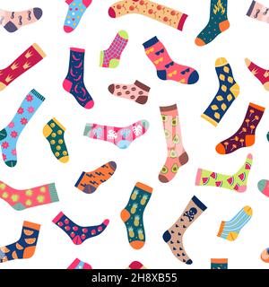 Socks pattern. Textile design pictures with colored fashionable textured woolen socks for people recent vector seamless background Stock Vector