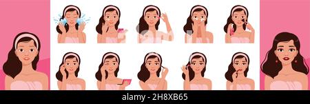Girl skin cleaning. Makeup everyday routine processes pretty woman washing skin beauty face nowaday vector illustrations set isolated Stock Vector