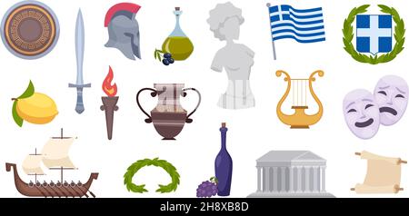 Greece objects. Traditional ancient old greek landmarks and symbols authentic flag wine ship olive pictures exact vector set for travellers Stock Vector