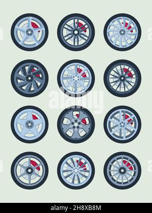 Brake pads for wheels. Wheels round forms steel modern rims garish vector illustrations set on white Stock Vector