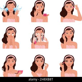 Makeup routine. Everyday woman cleaning skin removal cream cotton remover sponge eye clean nowaday vector illustrations collection Stock Vector