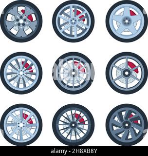 Wheels with brake pads. Modern vehicle wheels circle round forms detailed illustrations garish vector pictures collection isolated Stock Vector