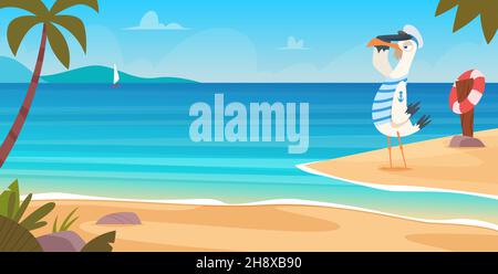 Seagull on beach. Bird sailor on seaside standing flying near sand coast ocean landscape blue water and sky exact vector cartoon background Stock Vector