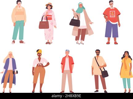 Multiracial characters. Fashioned outfit person various clothes in casual style pants jackets hat dresses nowaday vector colored people in various Stock Vector