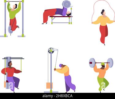 Sport people. Stylized flat characters making exercises healthy lifestyle activity cycling gym jogging yoga garish vector funny persons isolated Stock Vector