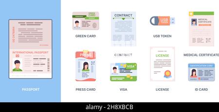 Legal id passport. Personal documents credit or debit cards immigration information stickers personality photo green card garish vector template Stock Vector