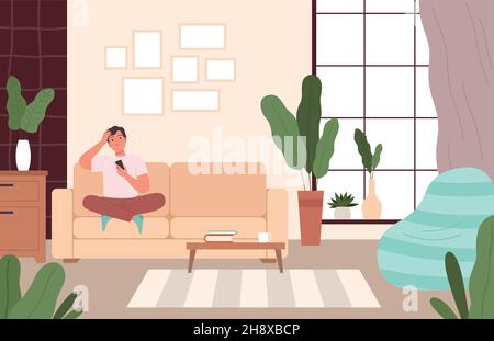 Man on couch relax. Person seating in comfortable living room leisure in different poses on sofa dreaming and resting nowaday vector cartoon Stock Vector