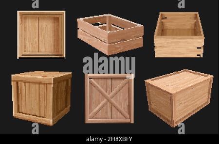 Wooden containers. 3d boxes for fragile products empty packages various views cargo shipping wooden containers decent vector realistic pictures Stock Vector