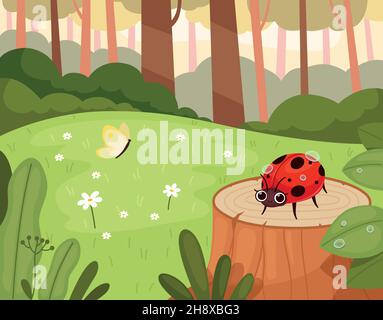 Ladybug in wood. Green natural park with funny insects warm garden outdoor cartoon background nowaday vector funny ladybug character Stock Vector