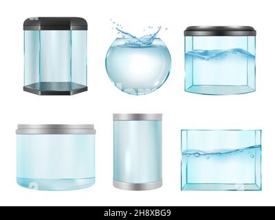 Aquarium for fish. Empty transparent realistic cases for underwater life containers different geometrical forms decent vector aquarium pictures Stock Vector