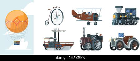 Retro transport. Old vintage vehicles in flat style cars trucks carriage airplanes garish vector cartoon illustrations Stock Vector