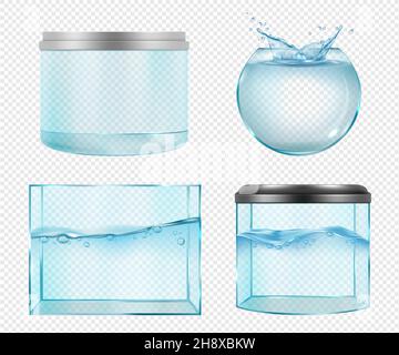 Aquarium realistic. Transparent glass empty aquarium for fishes underwater life for interior decoration decent vector illustrations set isolated Stock Vector