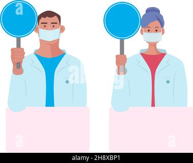 Doctors with plates and empty banners. Medical staff attention, doctor holding placard. Healthcare and medicine vector illustration Stock Vector