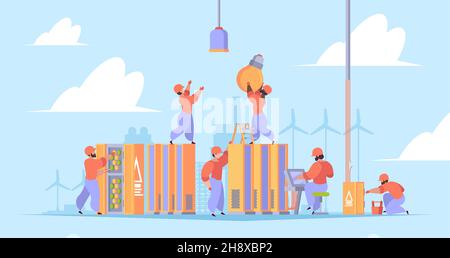 Workers install electric. Electrician workers repair processes engineering perfect hard job garish vector illustrations persons in flat style Stock Vector