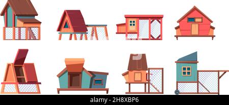 Chicken coop. Hen comfortable house in village broiler farms poultry garish vector flat wooden constructions set isolated Stock Vector