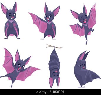 Bat. Night wild flying scary animals mouse vampire funny cute mammals with wings exact vector illustration set Stock Vector