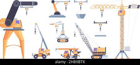 Cranes for builders. Construction vehicles industrial loaders hoisting machines ropes with hook transporters garish vector illustrations in cartoon Stock Vector