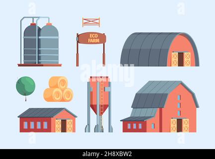 Farm buildings. Rural constructions agricultural objects ranch warehouse wooden house windmill chicken coop garish vector flat illustrations isolated Stock Vector