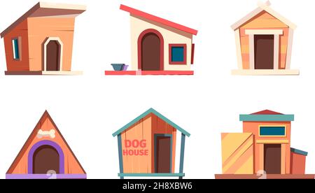 Dog houses. Wooden box for pets living and relaxing comfortable place for happy puppy garish vector cartoon collection set