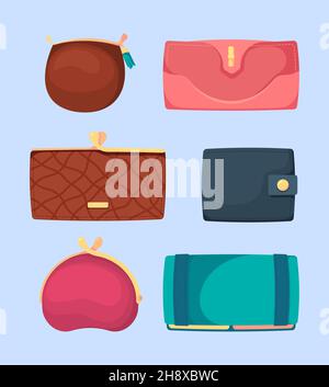Money wallets. Dollars and coins retail symbols different leather luxury wallets garish vector illustrations in cartoon style Stock Vector