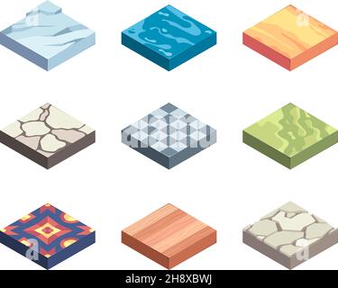 Ground textures. Game templates surfaces on platforms earth layers sand grass rocks water ice garish vector isometric 3d samples Stock Vector