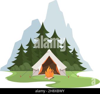 Camping background. Landscape with mountain campfire and protection tent for travellers family vacation in national park garish vector cartoon Stock Vector